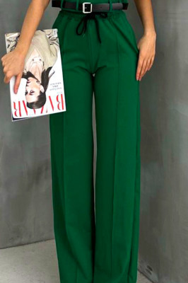Compleu casual Kaliana, cu tricou scurt, curea si pantaloni cu nervura, Verde 5