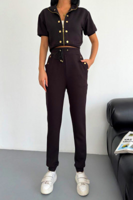 Compleu casual NonCom, bluza lejera cu maneca scurta si pantaloni cu snur, Negru 1