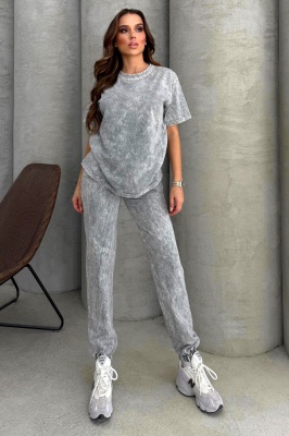 Compleu catifelat RAVEL, cu tricou stilizat si pantaloni cu snur, GRI