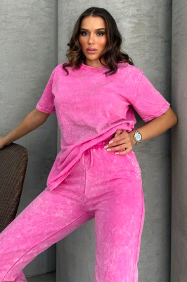 Compleu catifelat ROSSA, tricou cu strasuri si pantaloni cu buzunare, ROZ