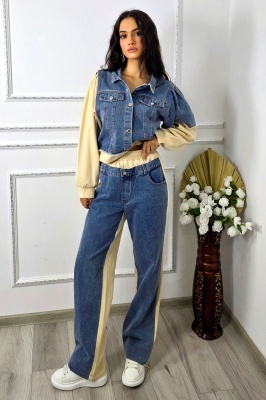 Compleu cu panou de blugi, Samya, pantaloni si jacheta hibrid, Crem, Marime S/M