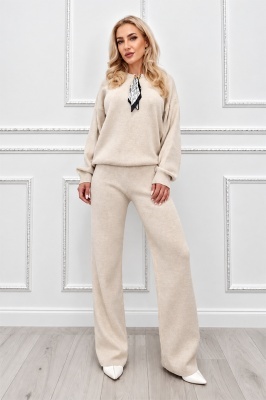 Compleu dama MELIA tricotat, cu esarfa detasabila si pantaloni largi, Crem, Marime universala S/M/L