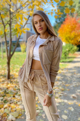 Compleu de catifea Aurora - pantaloni si camasa, Crem, Marime S/M 3