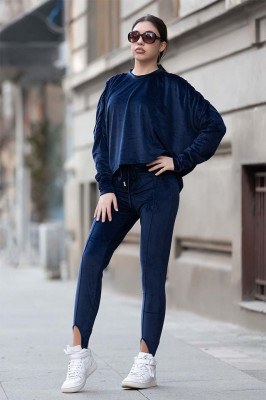Compleu de catifea Beya - pantaloni cu banda sub talpa si bluza larga - Bleumarin