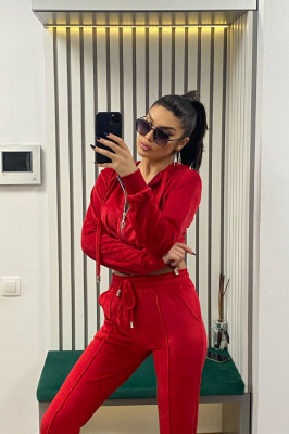 Compleu de catifea Catlyn, pantaloni cu banda elastica si bluza cu fermoar, Rosu1