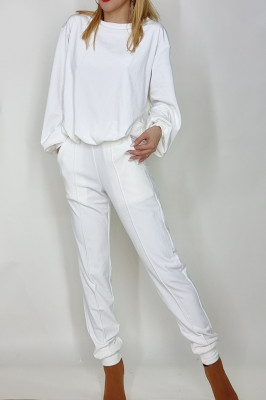 Compleu de catifea Novara, bluza si pantaloni cu banda elastica, Alb
