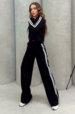 Compleu de dama Sporty LINES, cu imprimeu in dungi si jacheta scurta, Negru 4