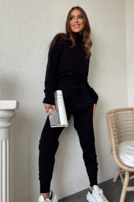 Compleu din tricot Tania, bluza cu guler pe gat, pantaloni cu snur si buzunare ascunse, Maro1