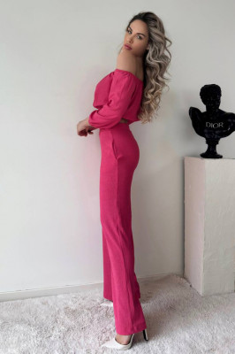 Compleu elegant Alegria, bluza crop cu decolteu elastic pe umeri si pantaloni reiati, evazati, Roz1