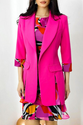 Compleu elegant Naryn, din doua piese, cu sacou cambrat si rochie din vascoza, Fucsia 1