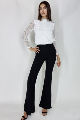 Compleu Federica, camasa cu efect brodat si pantalon evazat, Alb