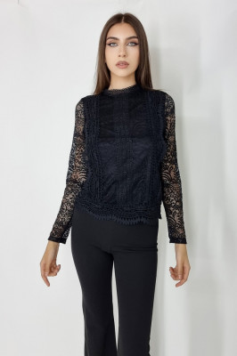 Compleu Federica, camasa cu efect brodat si pantalon evazat, Negru