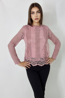 Compleu Federica, camasa cu efect brodat si pantalon evazat, Roz4