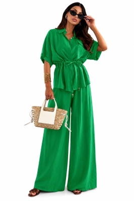Compleu oversize AZMIRA, camasa si pantaloni palazzo, Verde, Marime universala