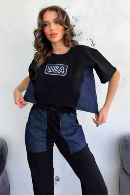 Compleu sport USA Dream, tricou oversize inscriptionat si pantaloni cu panouri denim, Negru 1