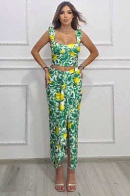 Compleu Summer Party, top cu volane si fusta cu imprimeu lamai, Verde, Marime S/M