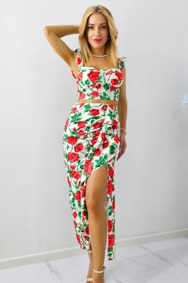 Compleu Summer Party, top cu volane si fusta cu imprimeu trandafiri, Alb, Marime S/M 5