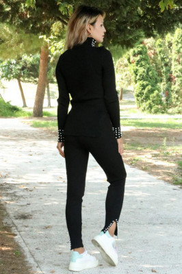 Compleu tetra Aniko, pantaloni si bluza pe gat, cu perle artizanale, Negru3