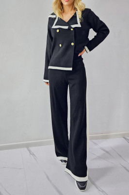 Compleu tricot bicolor Amiral, bluza cu butoni si pantaloni evazati, Negru, Marime S/M 2