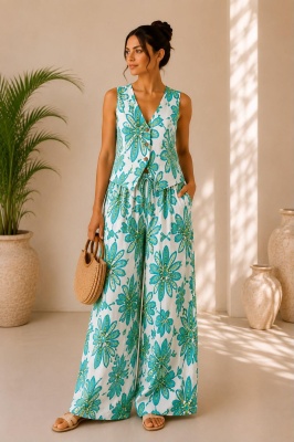 Compleu vaporos Arioso, imprimeu mediteranean, pantaloni palazzo si vesta, Verde
