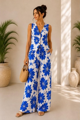 Compleu vaporos Arioso, imprimeu mediteranean, pantaloni palazzo si vesta, Albastru Royal
