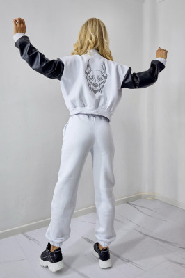 Compleu casual Dober, bluza imprimata tip bomber cu maneci din piele ecologica, Alb 2