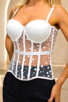 Corset elegant MANOVA, cu insertii tull si inchidere metalica, ALB