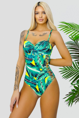 Costum de baie intreg Perlla, detalii cu aspect impletit si cupe buretate, Tropical