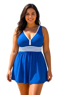 Costum de baie tankini, cu spatele gol MIRENA, Marimi Mari - Batal, Albastru AZUR