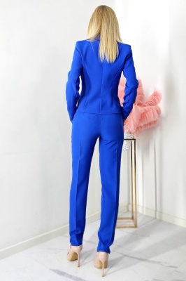 Costum elegant INDRA, sacou cambrat si pantaloni slim fit cu șliț, Albastru spate