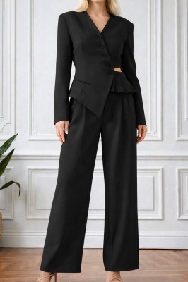 costum elegant negru cu pantaloni fluizi
