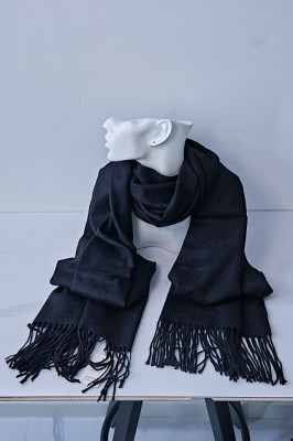 Esarfa tip sal Mourice, din casmir, cu franjuri simetrici, Negru, 185x36 cm
