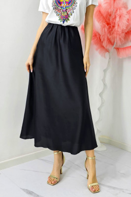 Fusta eleganta Penelope, cu textura satinata si croi lung, Negru, Marime S/M 3
