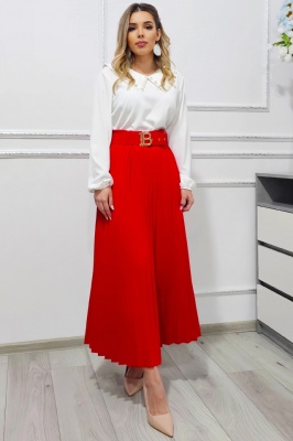 Fusta eleganta plisata BELORI si curea decorativa, Rosu, Marime S/M/L