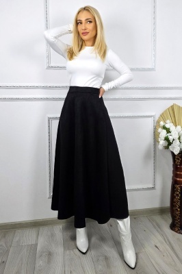 Fusta lunga catifea Tiziana, cu pliuri si croi elegant, Negru