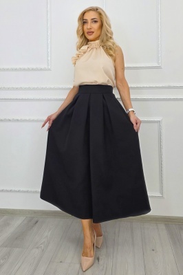Fusta lunga evazata Mathilde, cu buzunare si pliuri, Negru, Marime S/M/L