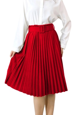 Fusta plisata eleganta Carmen, curea de aceeasi culoare inclusa, Rosu, Marime S/M 5