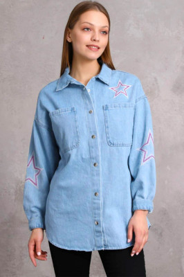 Geaca lunga din denim Trixa, croiala tip camasa si aplicatii artizanale, Albastru deschis3