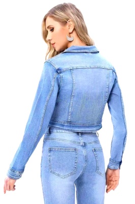 Geaca scurta din denim Thesa, cu aspect prespalat, Albastru deschis verso