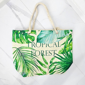 Geanta de plaja Genevie, cu imprimeu de vara si manere tip sfoara, Tropical Forest, 51x37