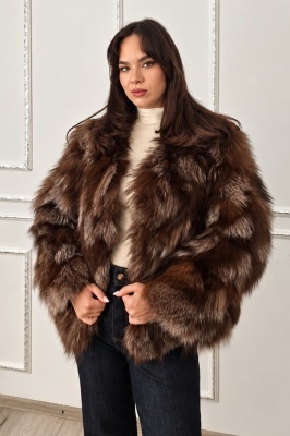 Haina dama FELYNA din blana naturala de vulpe, cu captuseala satinata, Negru-Maro, Marime universala S/M/L