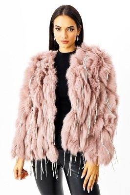 Haina eleganta Aylin, din blana naturala de vulpe, cu paiete asimetrice, Roz, Marime S/M/L