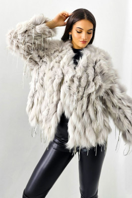 Haina eleganta Aylin, din blana naturala de vulpe, cu paiete asimetrice, Alb prafuit, Marime S/M/L 3