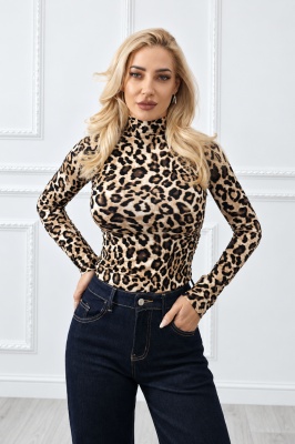 Maleta dama Lady Liza cu imprimeu tiger si guler inalt, Bej/Maro