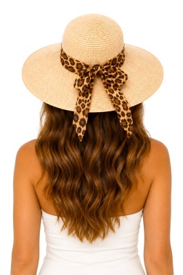Palarie de plaja, pentru femei, ANGIE, cu boruri mari, CREM Animal print spate