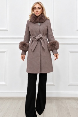 Palton dama VELORIA cu blanita detasabila, cordon si brosa decorativa, Maro taupe