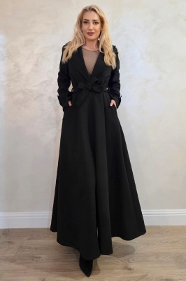 Palton lung cu nasturi Merina, falduri si cordon, Negru, Marime S/M/L