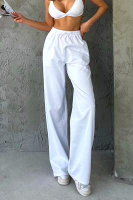 Pantaloni casual HIKE, croiala wide leg si snur in talie, Alb  1