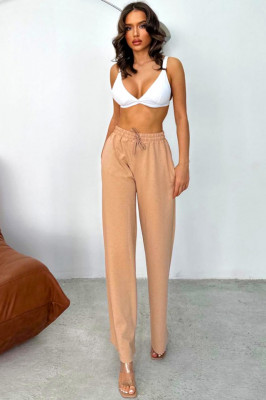 Pantaloni casual HIKE Glow, cu aplicatii tip strasuri si snur in talie, Bej