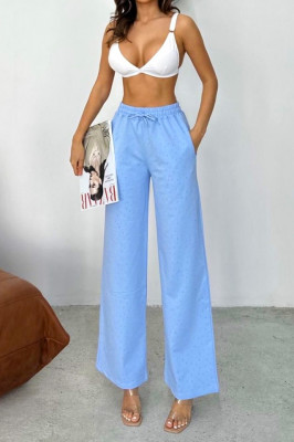Pantaloni casual HIKE Glow, cu aplicatii tip strasuri si snur in talie, Albastru baby blue 4